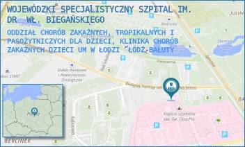 ODDZIAŁ CHORÓB ZAKAŹNYCH, TROPIKALNYCH I PASOŻYTNICZYCH DLA DZIECI, KLINIKA CHORÓB ZAKAŹNYCH DZIECI UM W ŁODZI - WOJEWÓDZKI SPECJALISTYCZNY SZPITAL IM. DR  WŁ. BIEGAŃSKIEGO - UL. GEN. KAROLA KNIAZIEWICZA 1/5,  ŁÓDŹ-BAŁUTY