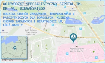 ODDZIAŁ CHORÓB ZAKAŹNYCH, TROPIKALNYCH I PASOŻYTNICZYCH DLA DOROSŁYCH, KLINIKA CHORÓB ZAKAŹNYCH I HEPATOLOGII UM - WOJEWÓDZKI SPECJALISTYCZNY SZPITAL IM. DR  WŁ. BIEGAŃSKIEGO - UL. GEN. KAROLA KNIAZIEWICZA 1/5,  ŁÓDŹ-BAŁUTY